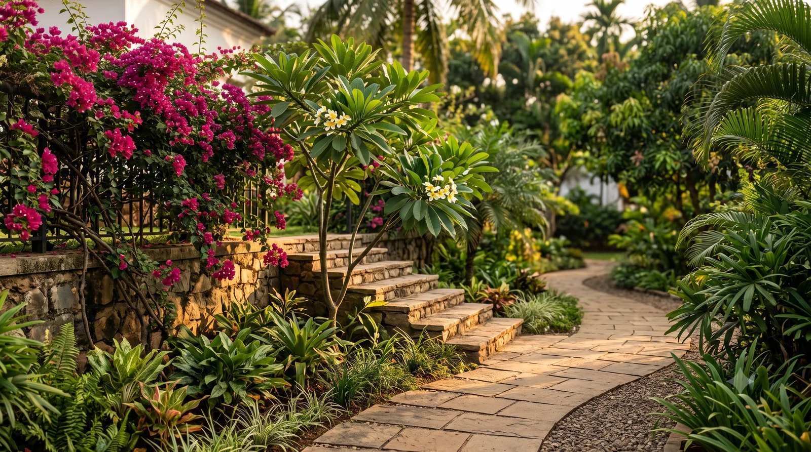 A stone-edged garden path curving past bougainvillea and a flowering frangipani tree, lit by low evening sun.
