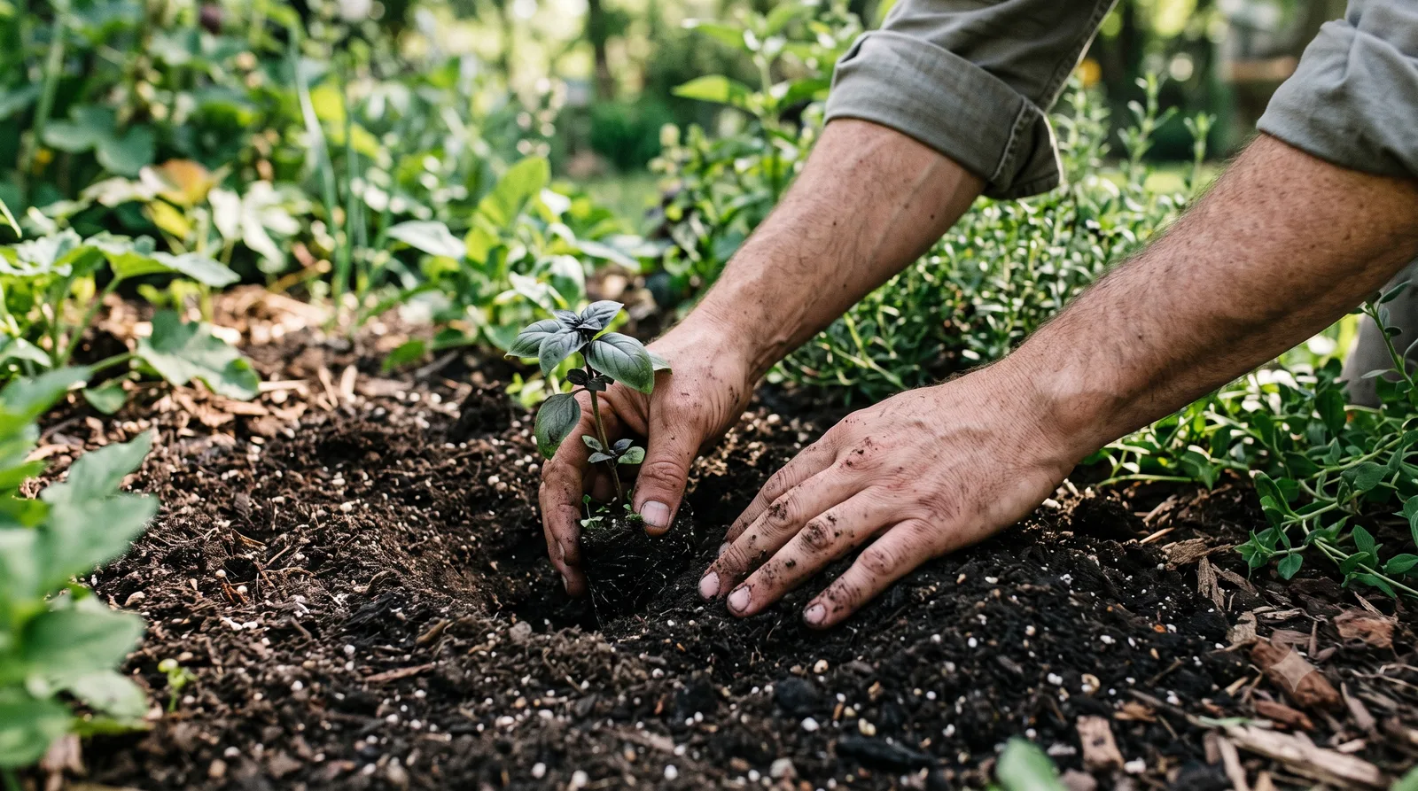 Hands planting a seedling into dark soil.